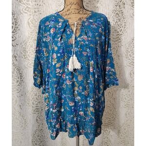 Umgee USA Floral Tunic Top XL Teal Blue Bohemian Lace‎ Backing Tassels